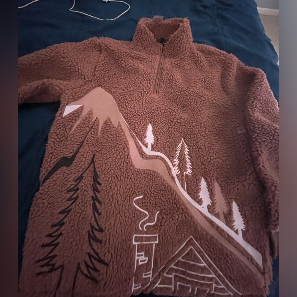Embroidered Print Sherpa Quarter Zip Sweatshirt